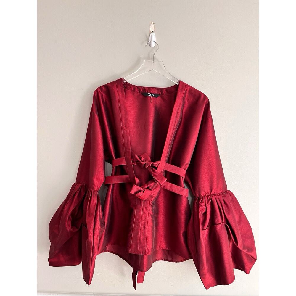 TOV Los Angeles Women's Red Bell Sleeve Artsy Abstract Shirt Size 42 Large
